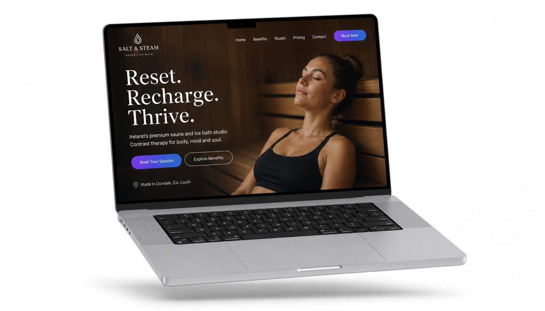 A laptop showing a premium sauna and ice bath website built by Kryson